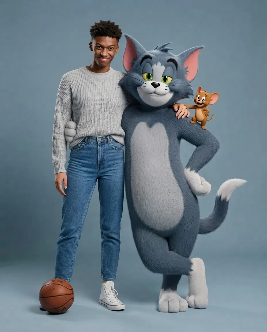 A young man posing in a studio next to a lifelike Tom the cat, with Jerry beside him, on a blue-grey backdrop