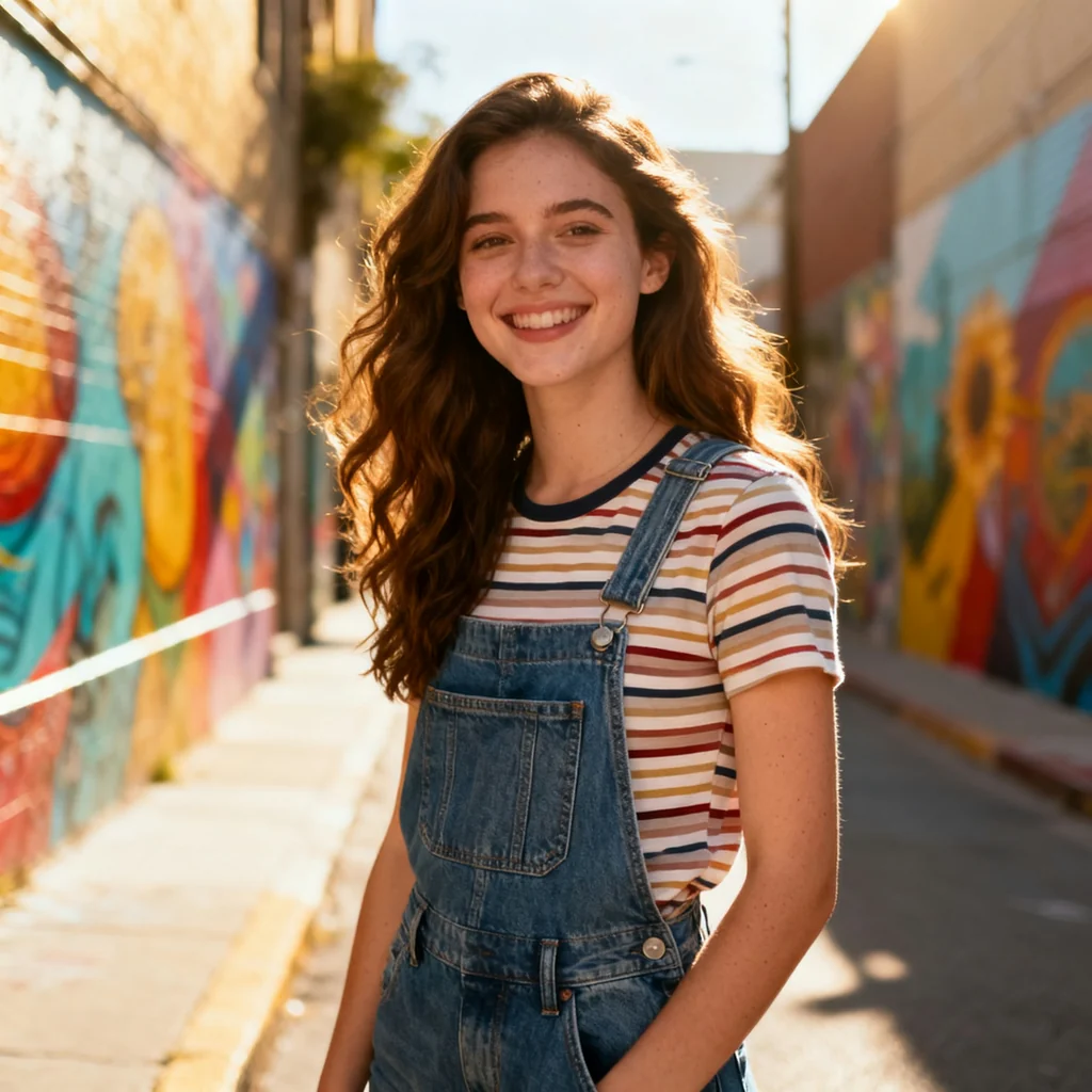Smiling young woman with long wavy hair in a striped top and denim overalls, in front of a colorful mural