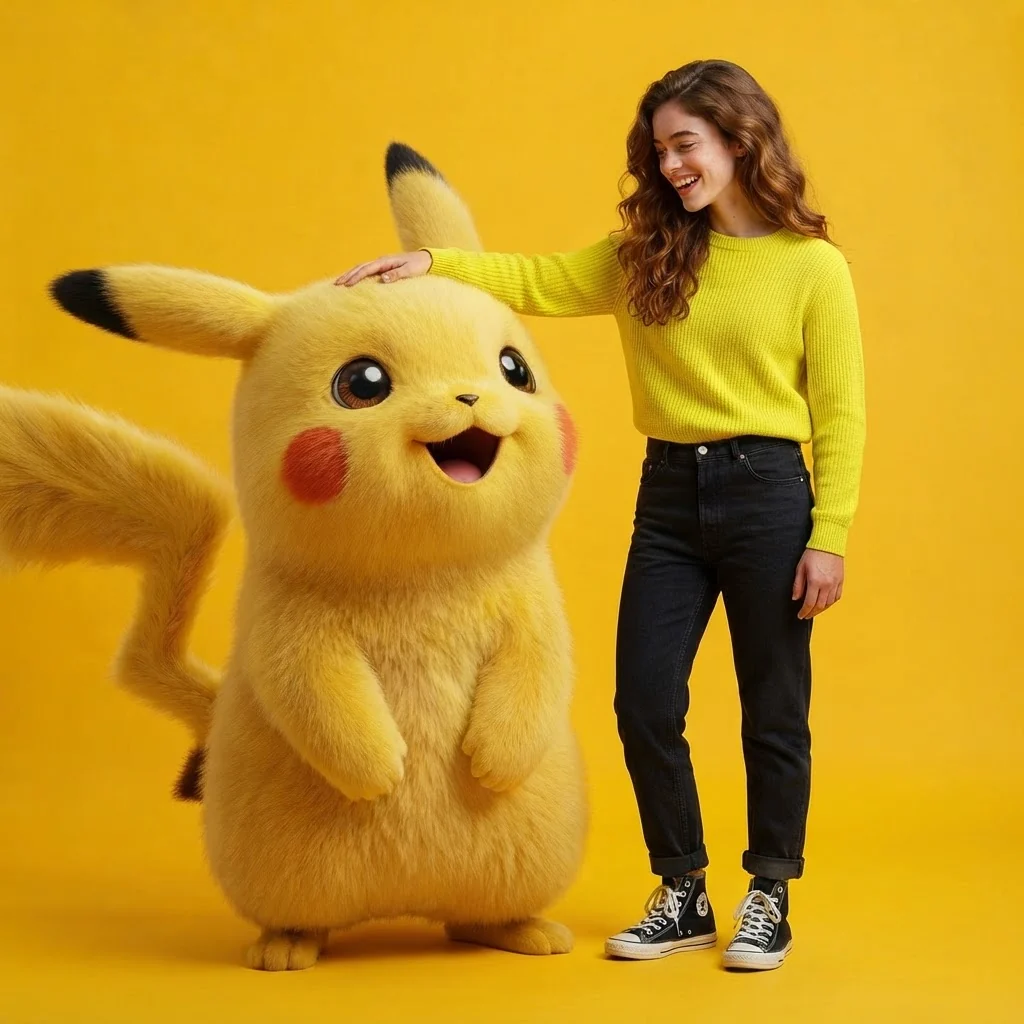 A woman with long wavy hair posing in a studio with a hand on the head of a lifelike Pikachu, on a yellow backdrop