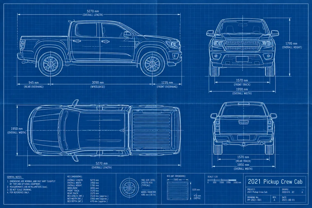 Plano de una pickup blanca con cuatro vistas técnicas