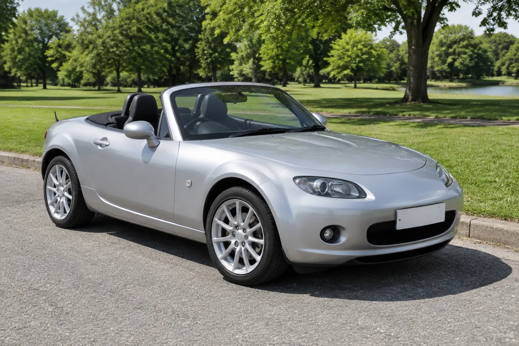 Silver roadster beside a park