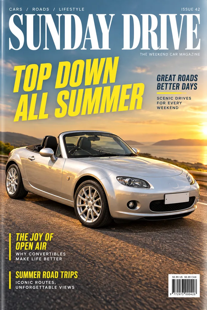Silver roadster on a SUNDAY DRIVE magazine cover
