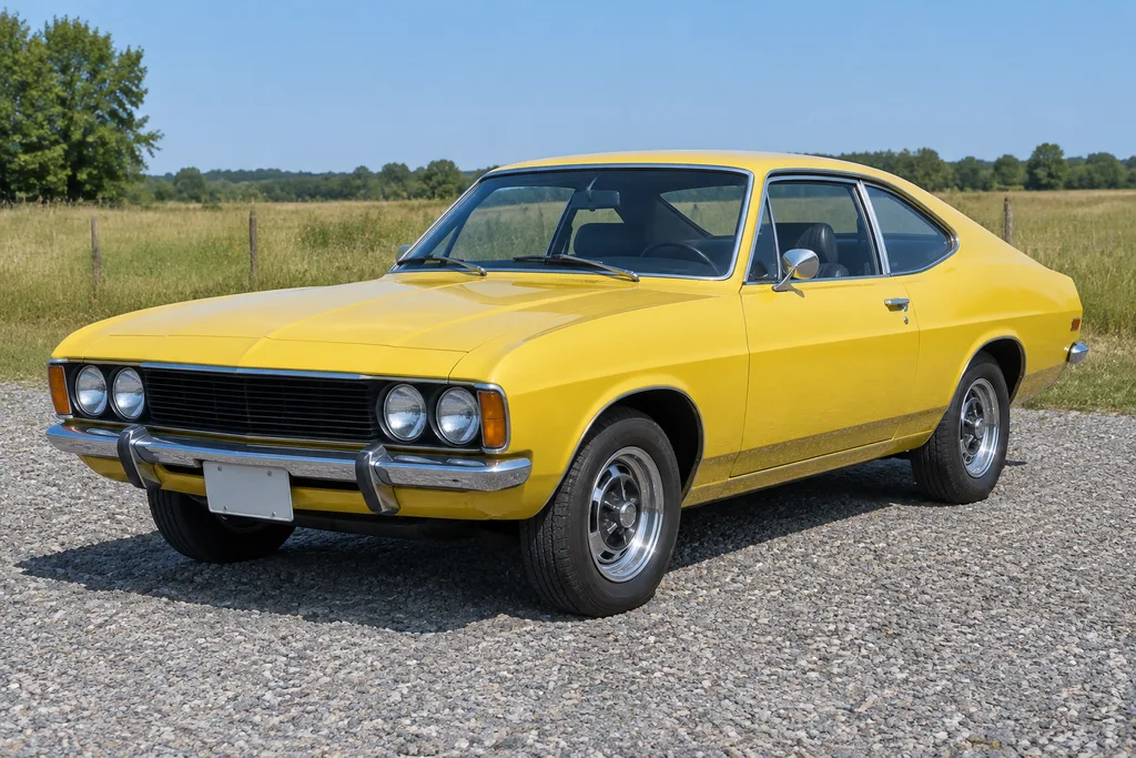 Yellow classic coupe on a gravel lot