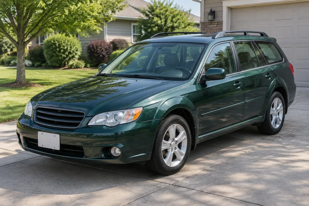 Dark green station wagon in a sunny driveway
