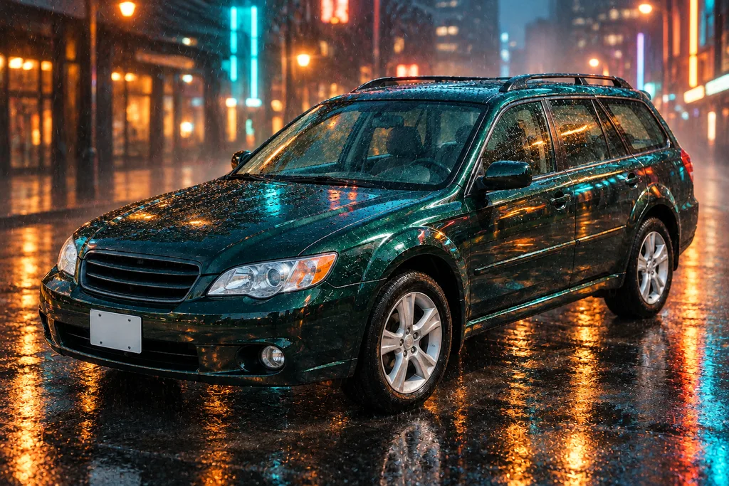Green station wagon on a rainy neon street