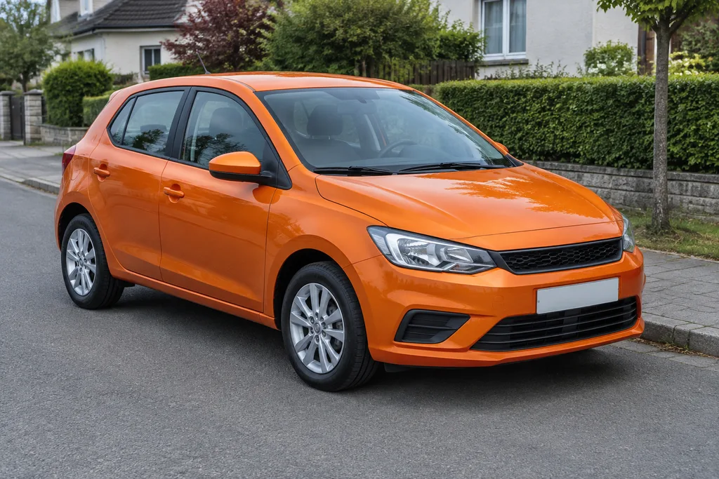 Orange hatchback on a residential street