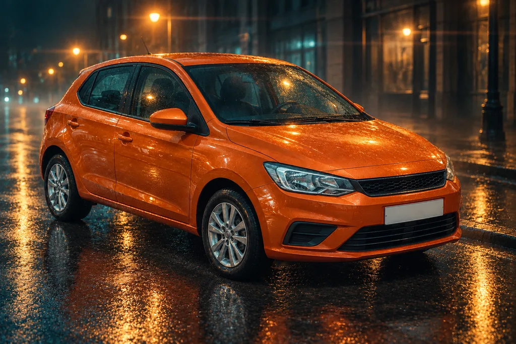 Orange hatchback on an empty downtown street at night