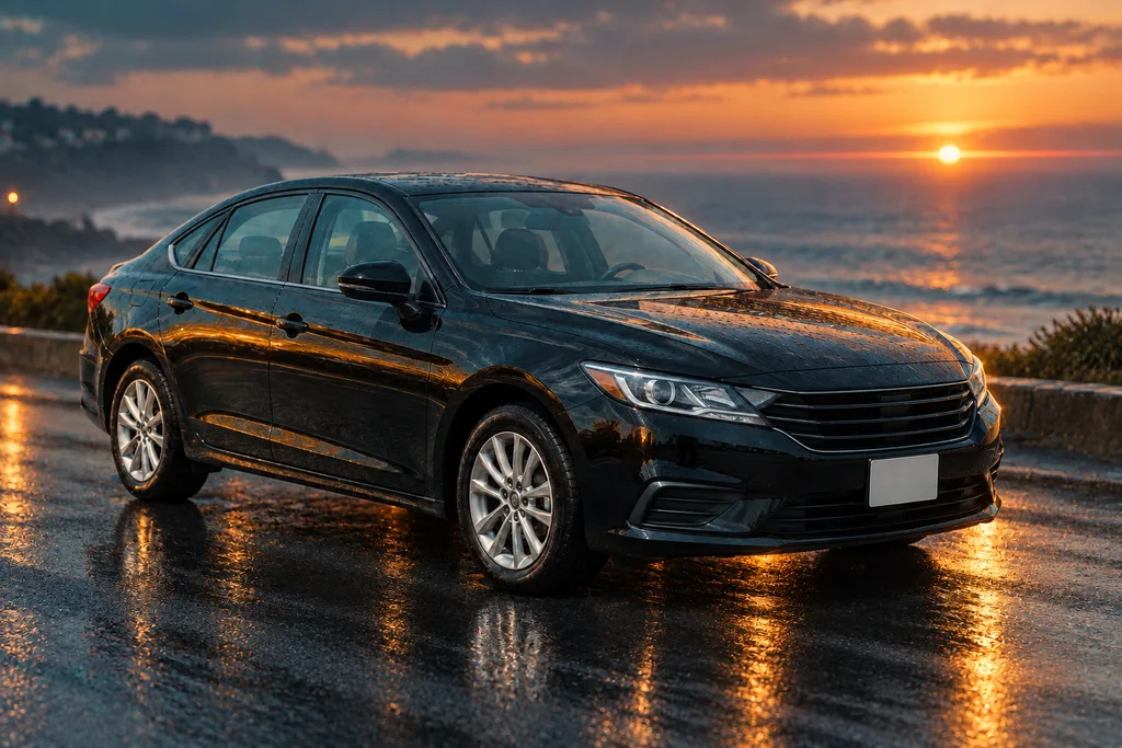 Black sedan on a coastal road at dusk
