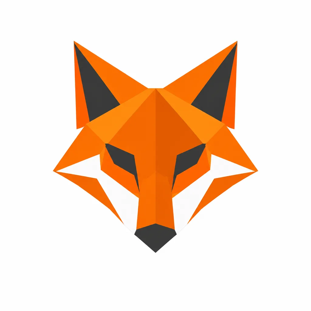Geometric orange and dark gray fox head logo on a white background