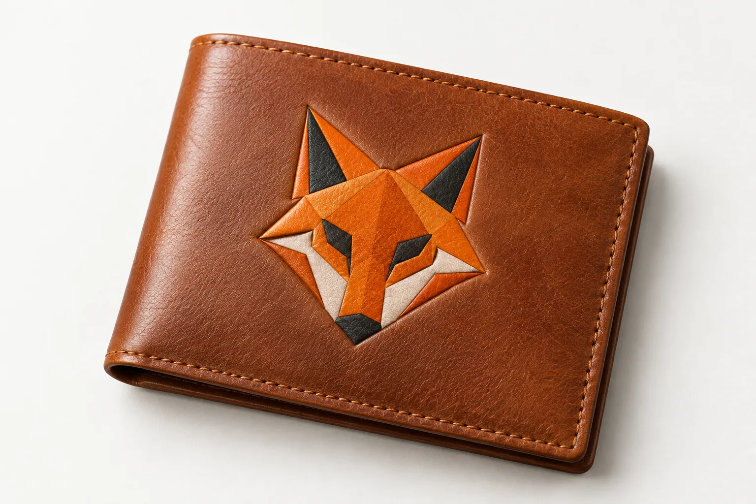 The fox logo in its original colors on a brown leather wallet, with stitched edges and soft shadows