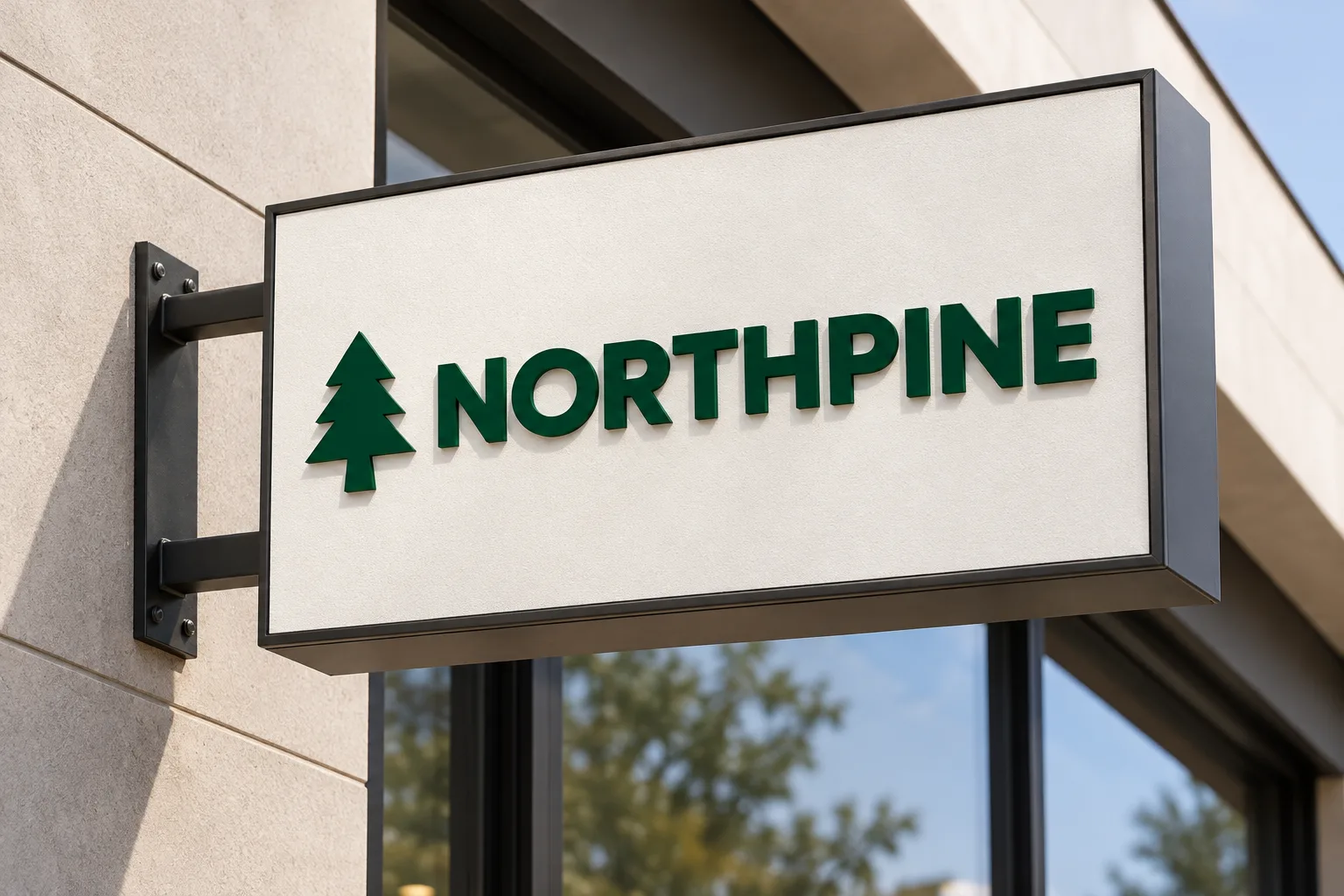 The NORTHPINE logo on a white hanging storefront sign mounted on a building facade