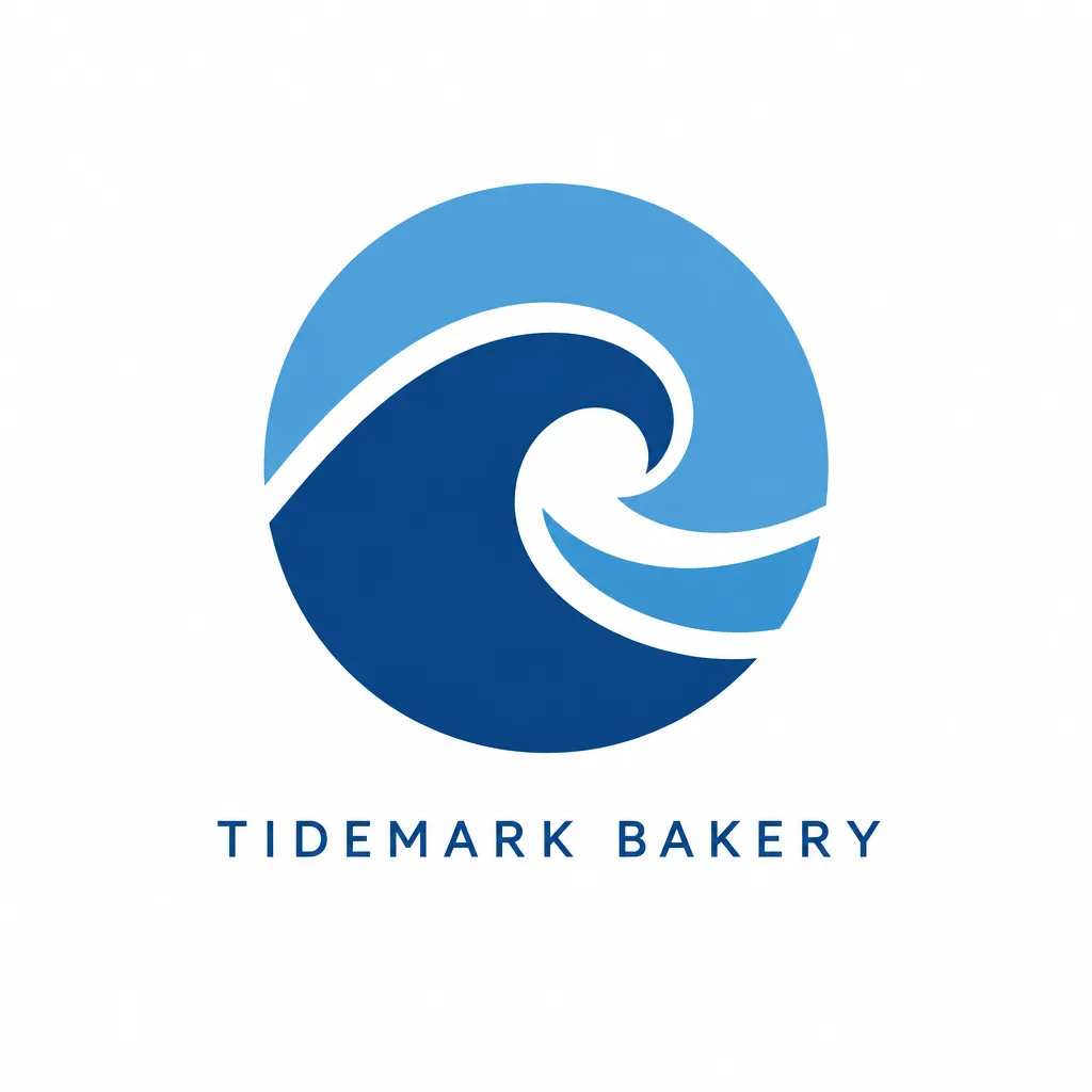 Blue wave-in-a-circle logo with the words TIDEMARK BAKERY below, on a white background