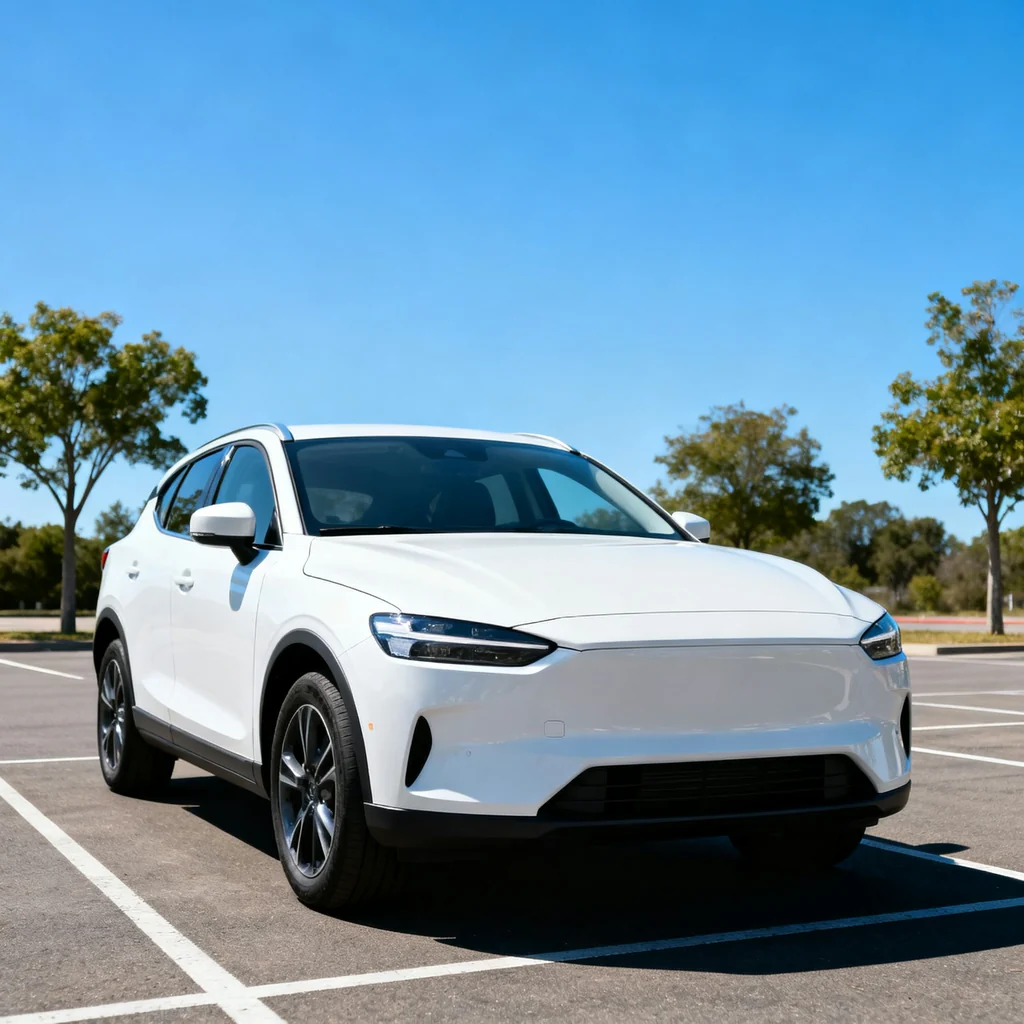 SUV compacto blanco estacionado en un estacionamiento soleado, con árboles detrás
