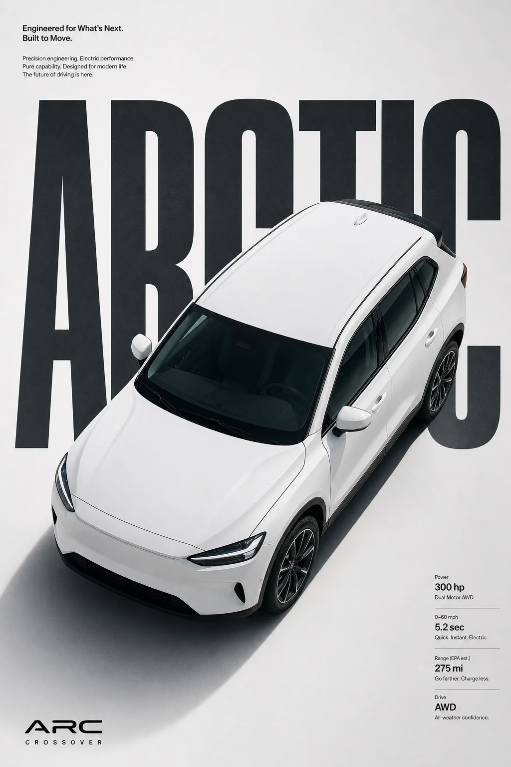 Un póster estilo revista con la palabra ARCTIC en enormes letras oscuras detrás de una vista cenital del SUV blanco sobre un fondo pálido, con texto pequeño debajo