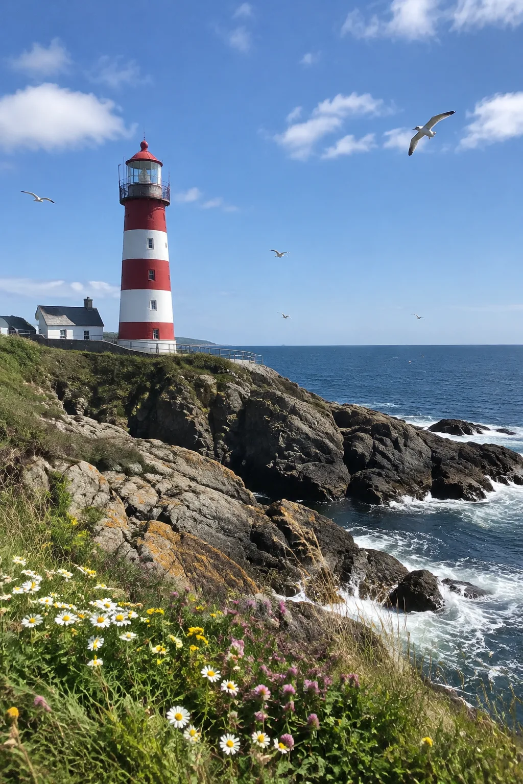 Red and white striped lighthouse on rocky sea cliffs, with seagulls and wildflowers in the foreground