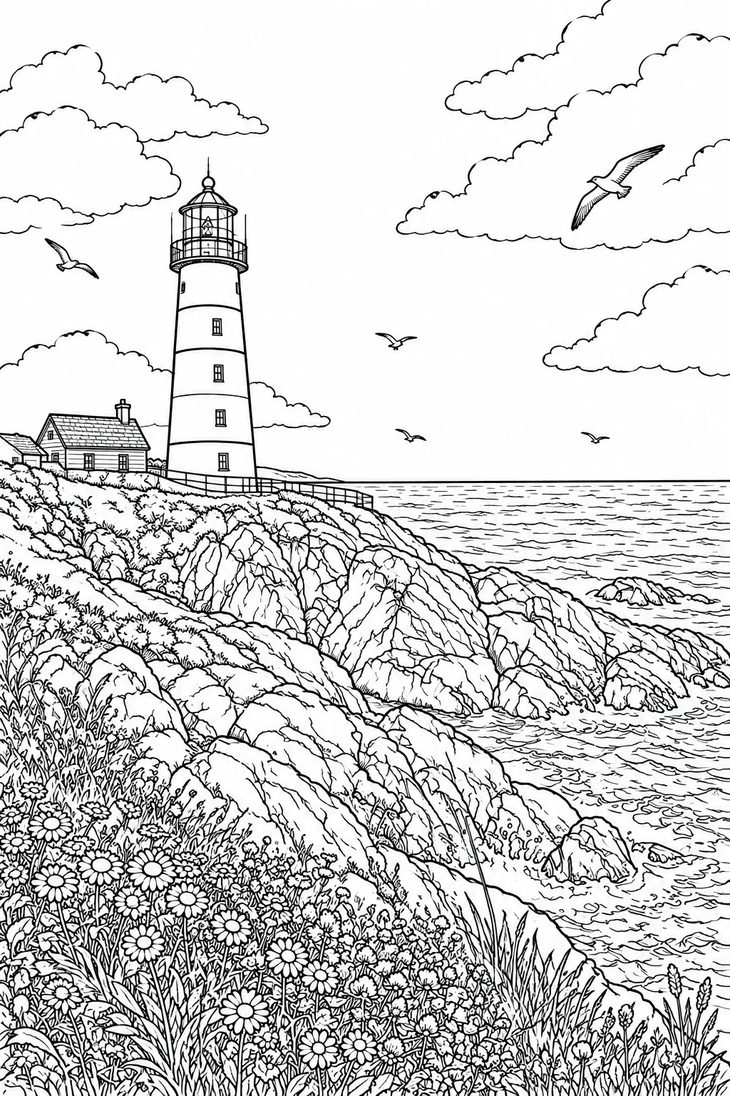 A detailed black and white coloring page of the lighthouse, cliffs, waves, clouds, seagulls and wildflowers, with fine linework