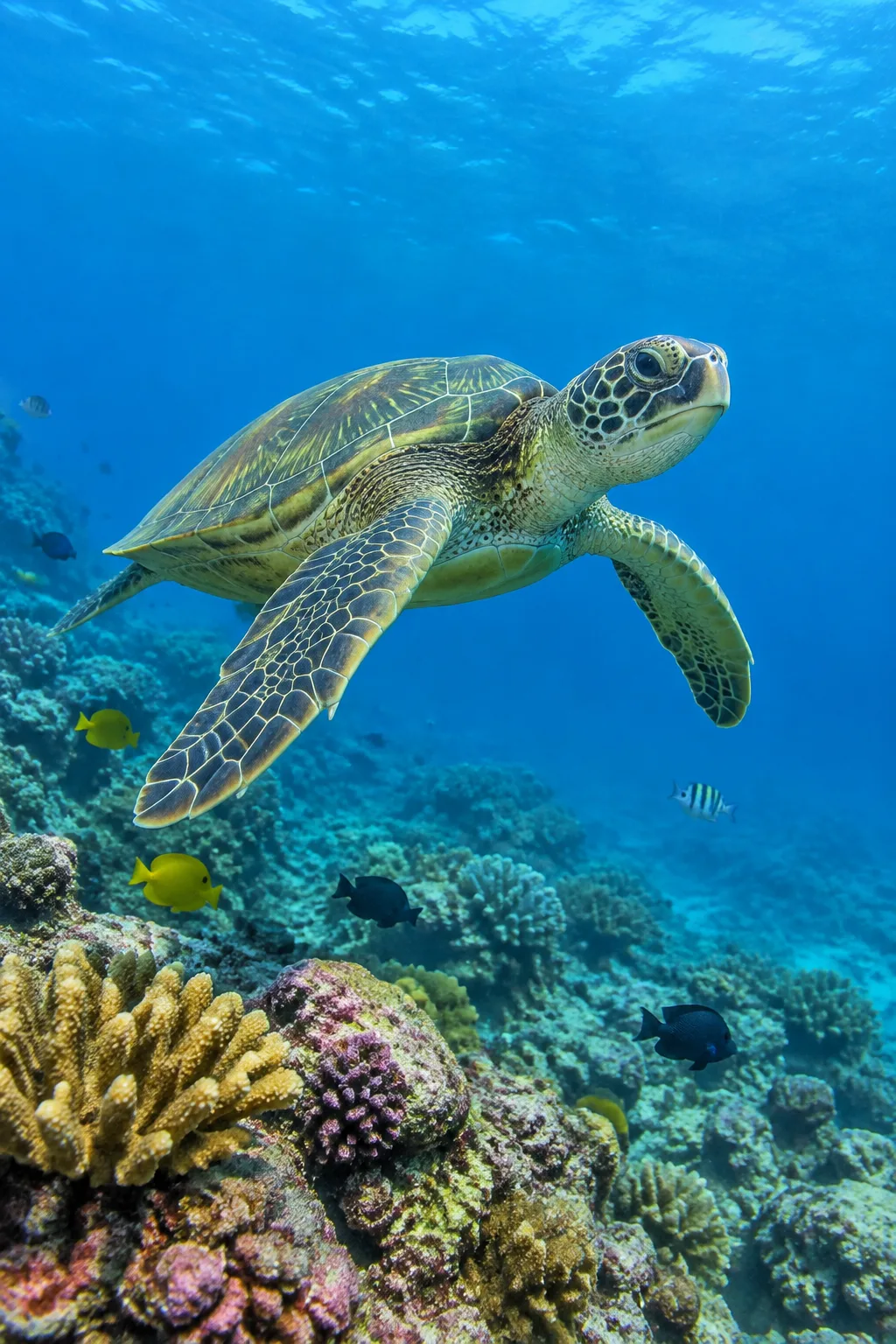 Green sea turtle swimming over a colorful coral reef with small fish