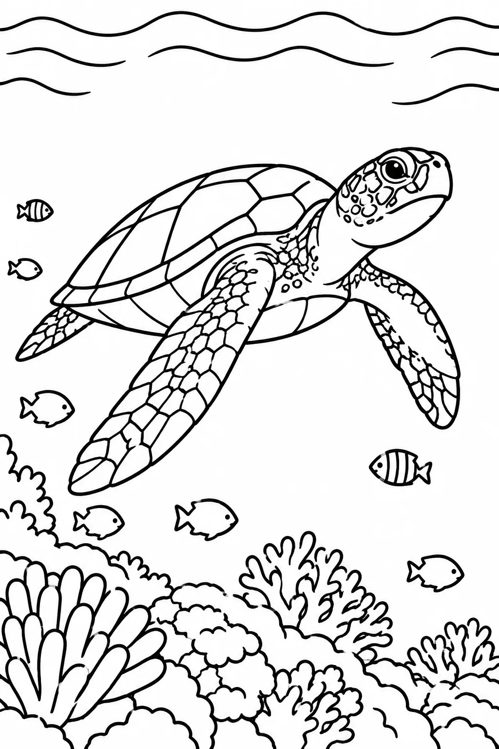 A simple black and white coloring page of the turtle, fish and coral, with bold outlines