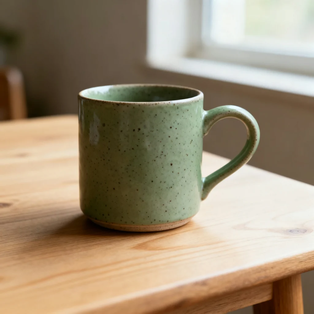Green speckled ceramic mug on a wooden table by a window