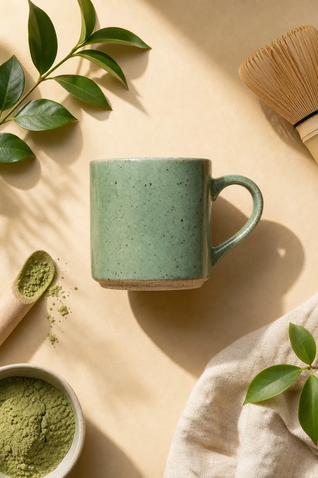The mug in a top-down flat lay with green leaves, matcha powder in a bowl and a spoon, a whisk and a linen cloth, on a warm beige surface
