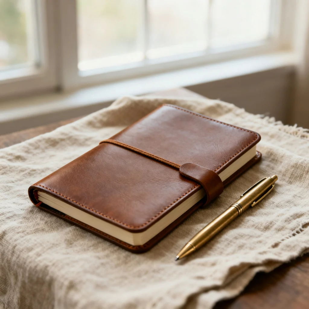 Brown leather notebook with a gold pen on a linen cloth on a wooden table