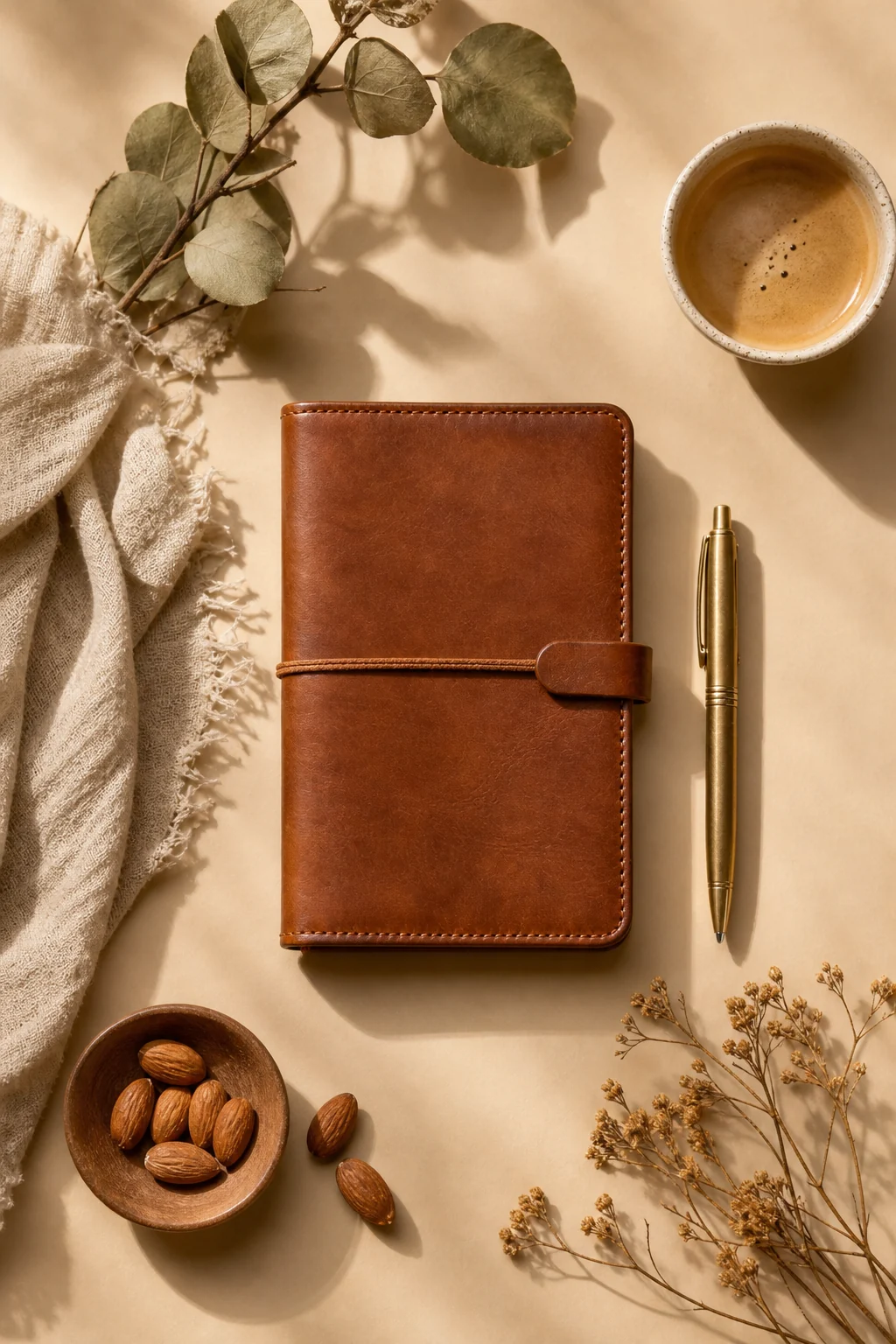 The notebook and gold pen in a top-down flat lay with a cup of coffee, almonds in a small bowl, dried flowers and a linen cloth, on a warm beige surface