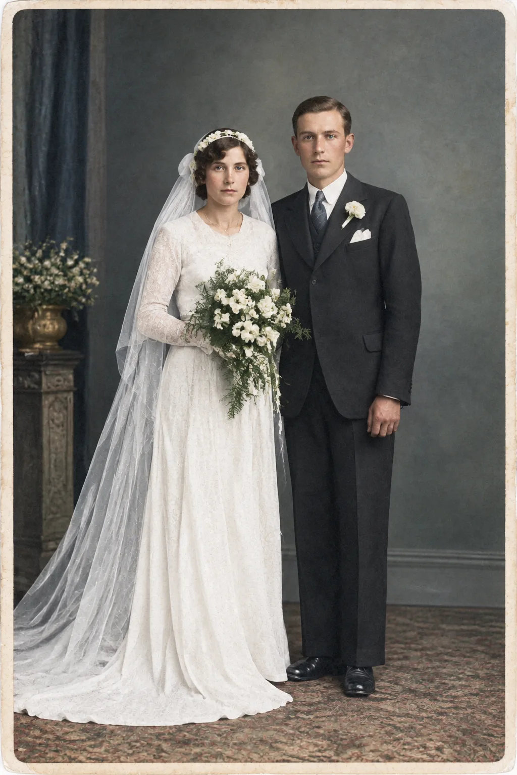 The same wedding portrait restored and colorized, with a white dress and veil, a dark suit, a cream bouquet, a green-gray studio backdrop and the same poses and faces