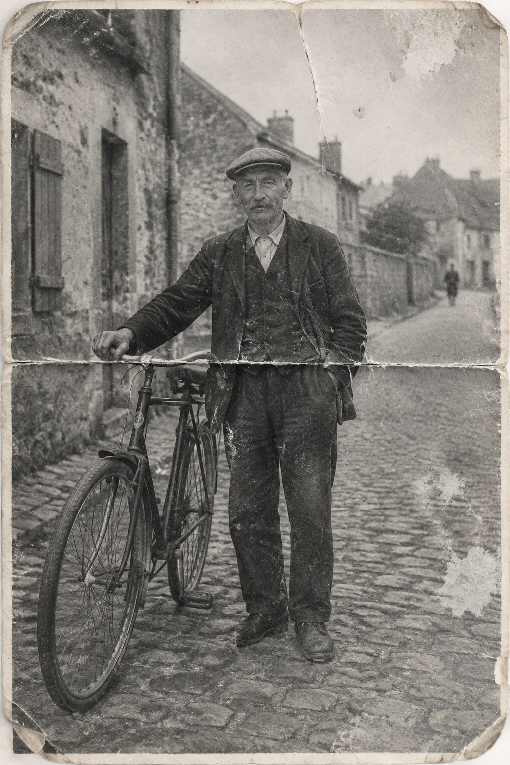 Cracked 1940s black and white photo of an older man with a mustache and a flat cap beside a bicycle on a cobblestone village street, with a fold line across it