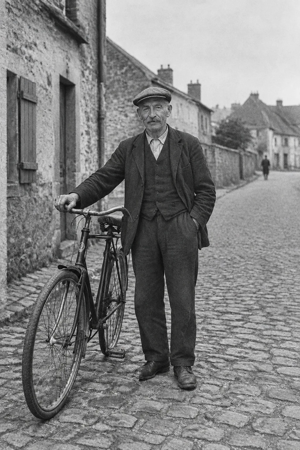 The same photo restored in black and white, with the crack and the fold removed, sharp cobblestones and stone houses, and the same man and bicycle
