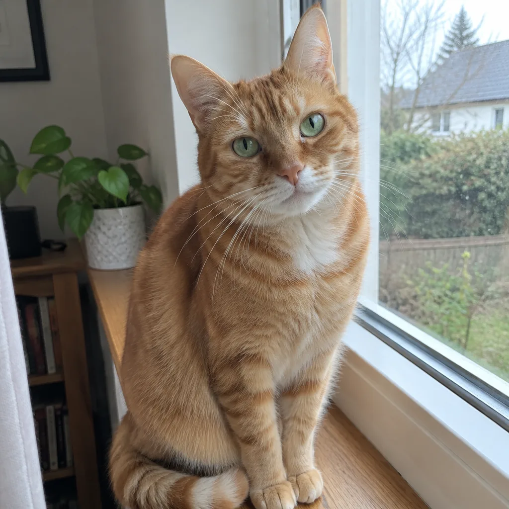Orange tabby cat with green eyes sitting on an indoor windowsill