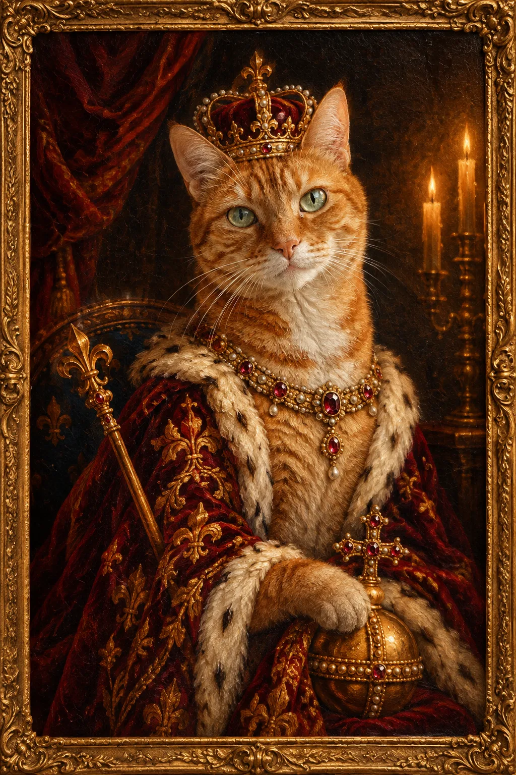 The same orange tabby as a queen in a gilded-frame oil painting, with a crown, a red ermine-trimmed robe and a jeweled necklace, holding a scepter, with candlelight behind