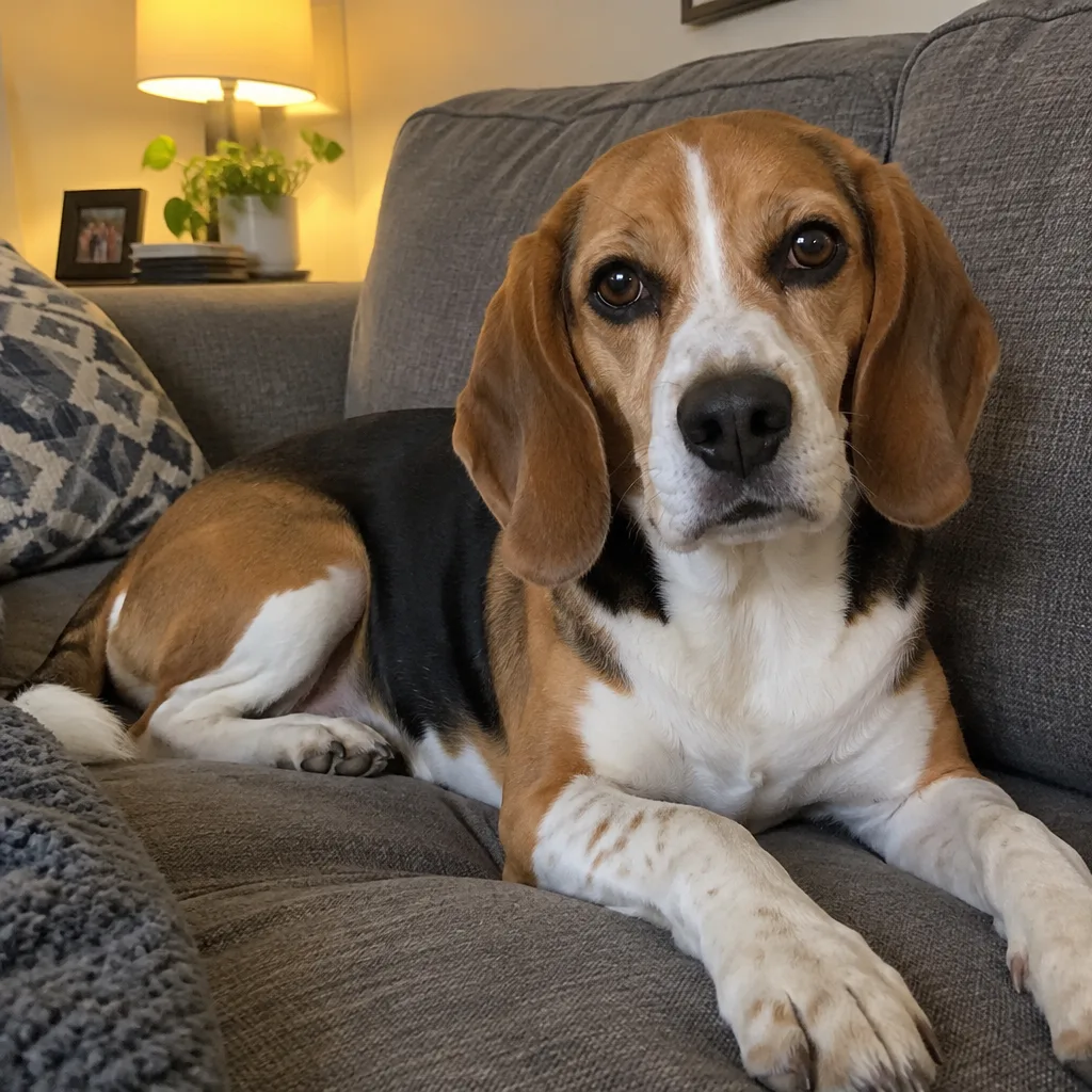 Tricolor beagle lying on a gray couch with its head raised