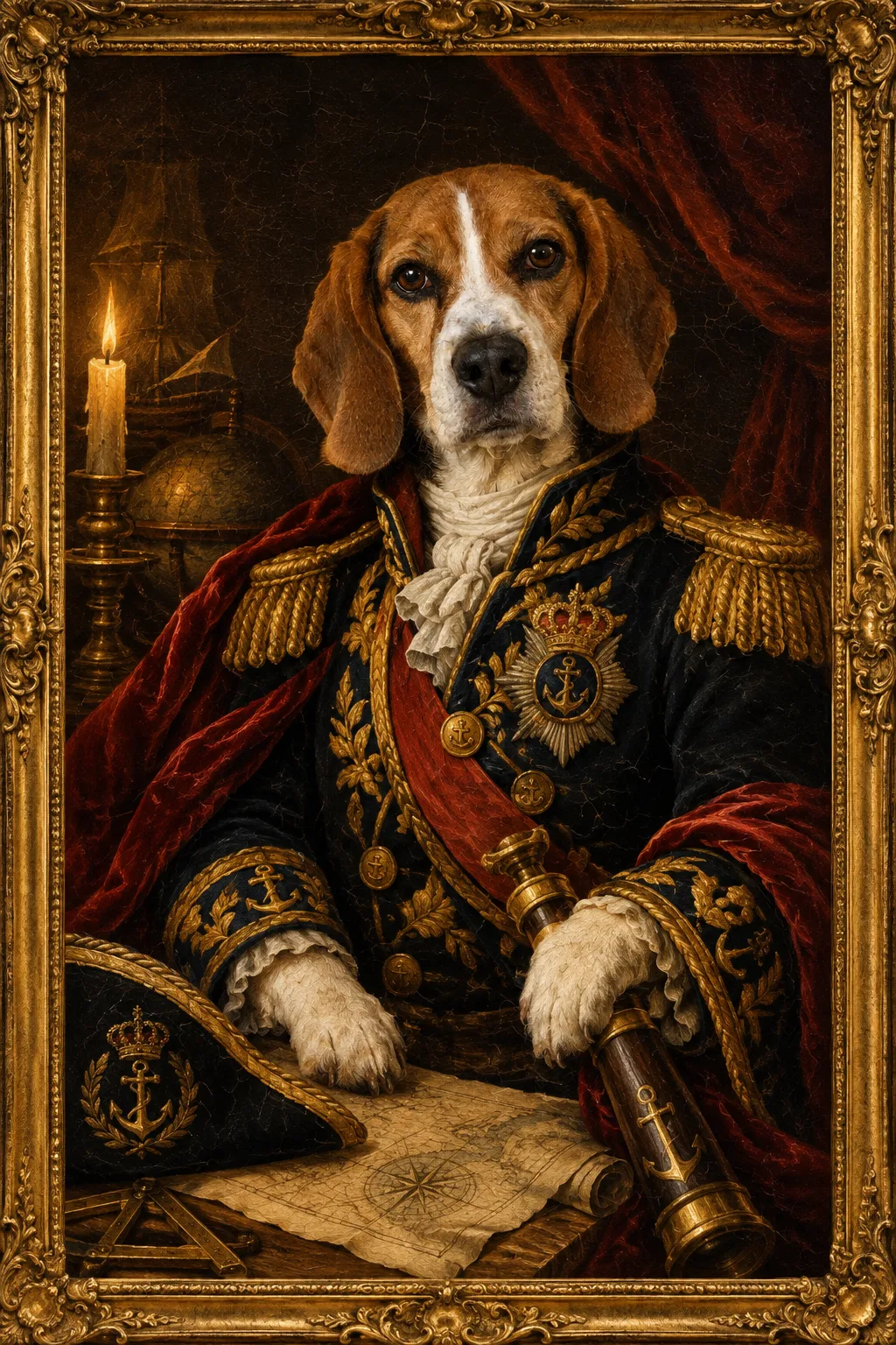 The same beagle as an admiral in a gilded-frame oil painting, in a navy coat with gold epaulettes and medals, with a telescope and a sea chart beside it