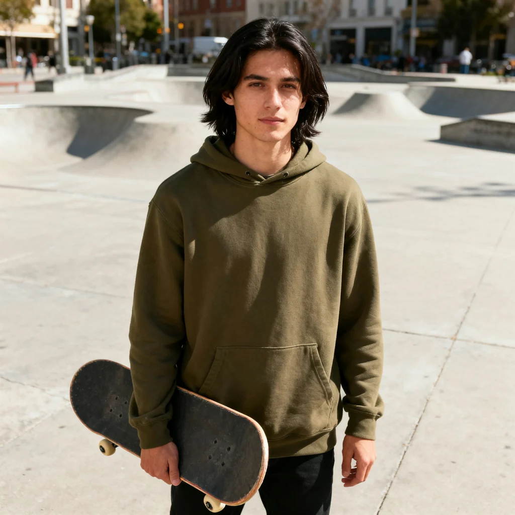 Young man with dark hair in an olive hoodie, holding a skateboard in a skate plaza
