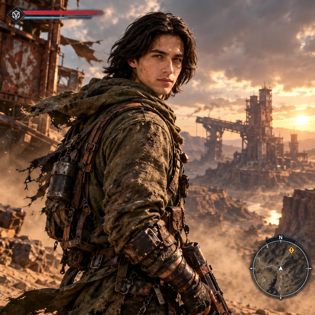 The same man as a wasteland game character in worn scavenger gear, with ruined towers at sunset behind him and a health bar and minimap on screen