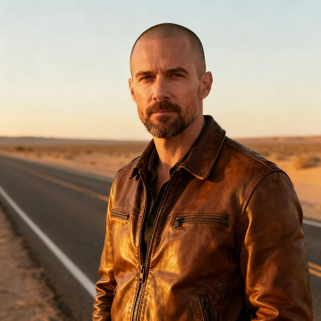 Bald man with a short beard in a tan leather jacket, standing on an empty desert road at sunset