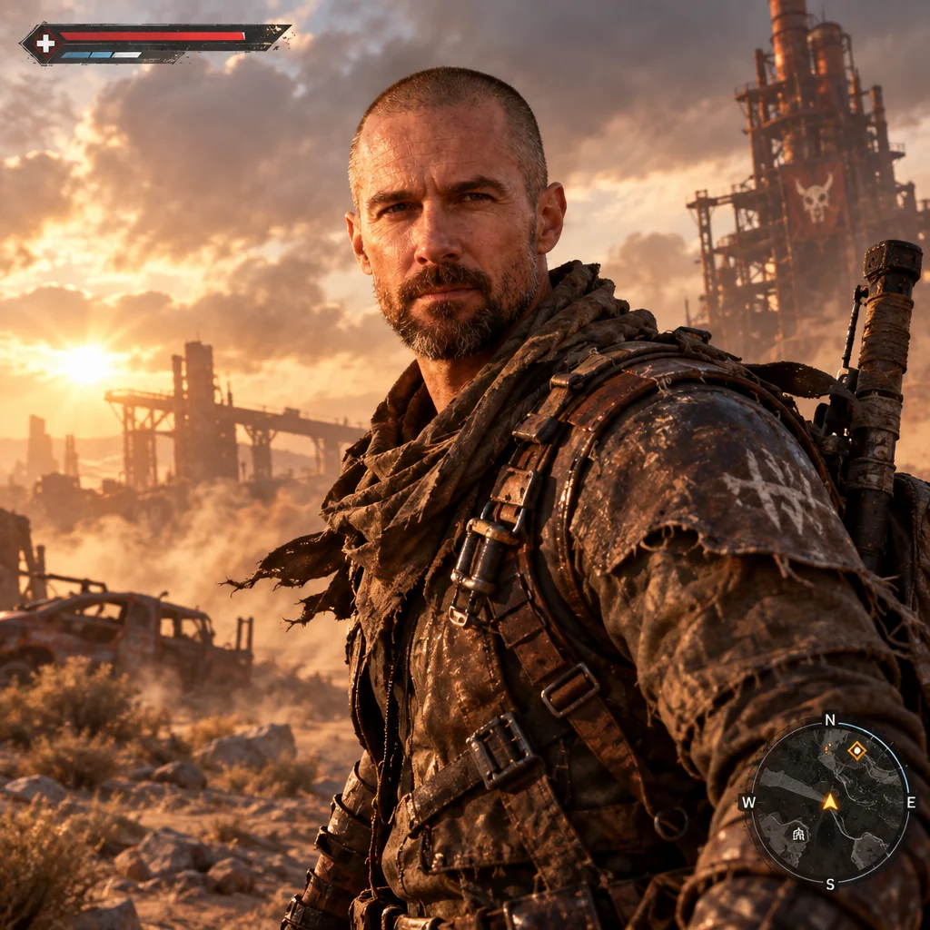 The same man as a wasteland game character with a scarf and a pack, ruined towers behind him and a health bar and compass on screen