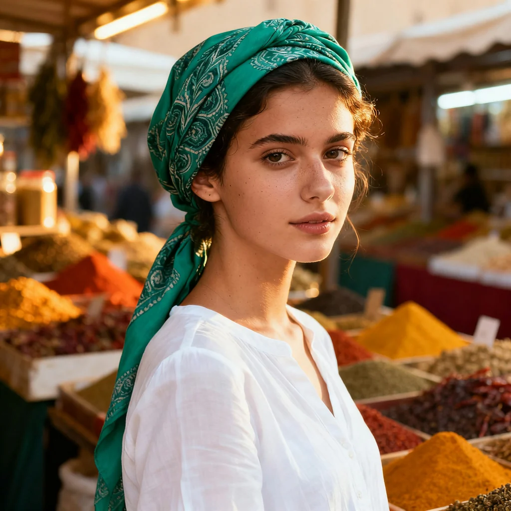 Young woman in a green patterned headscarf and a white blouse at a colorful spice market