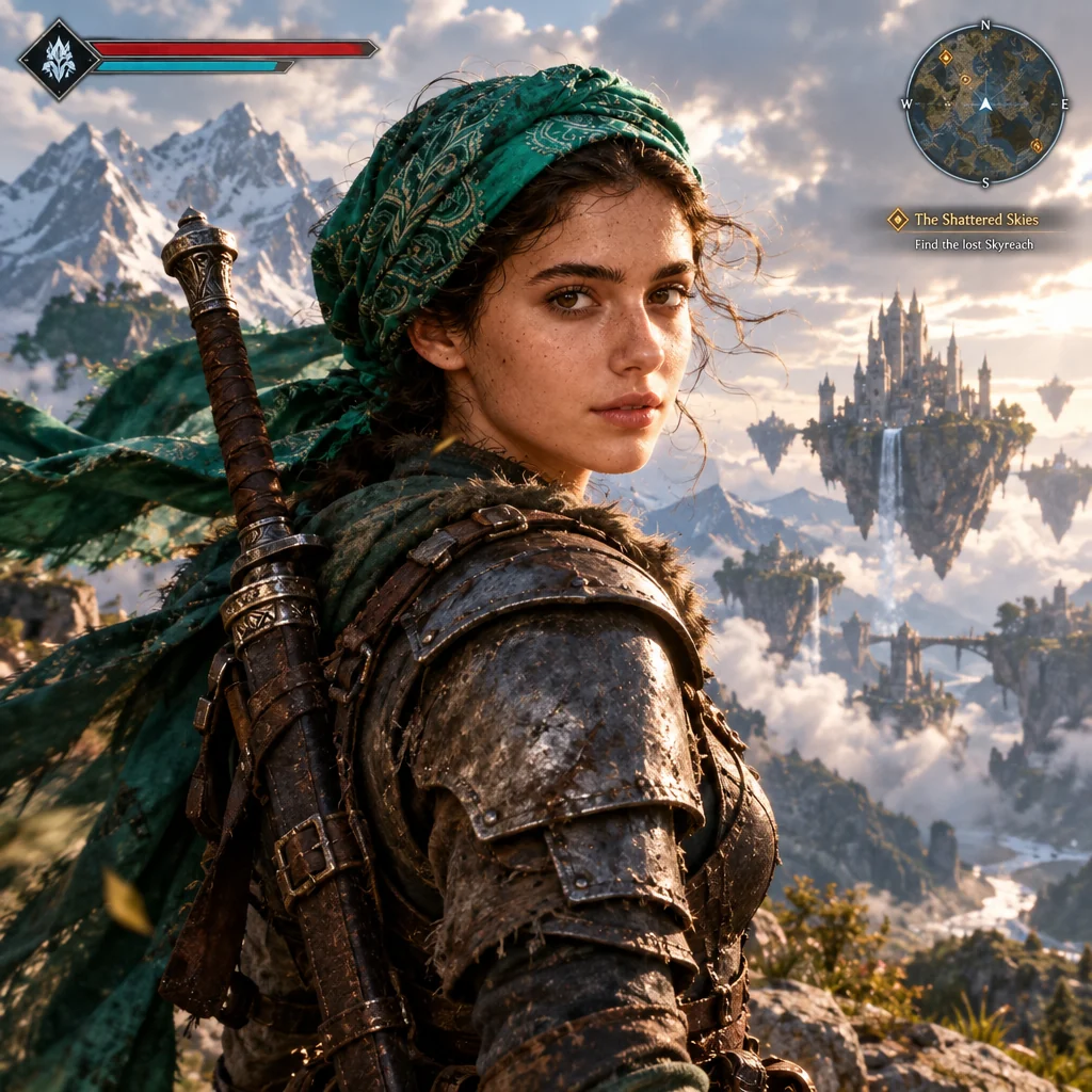 The same woman as a high-fantasy adventurer in worn armor with a sword on her back, with floating castle islands behind her and a quest marker, health bar and minimap on screen