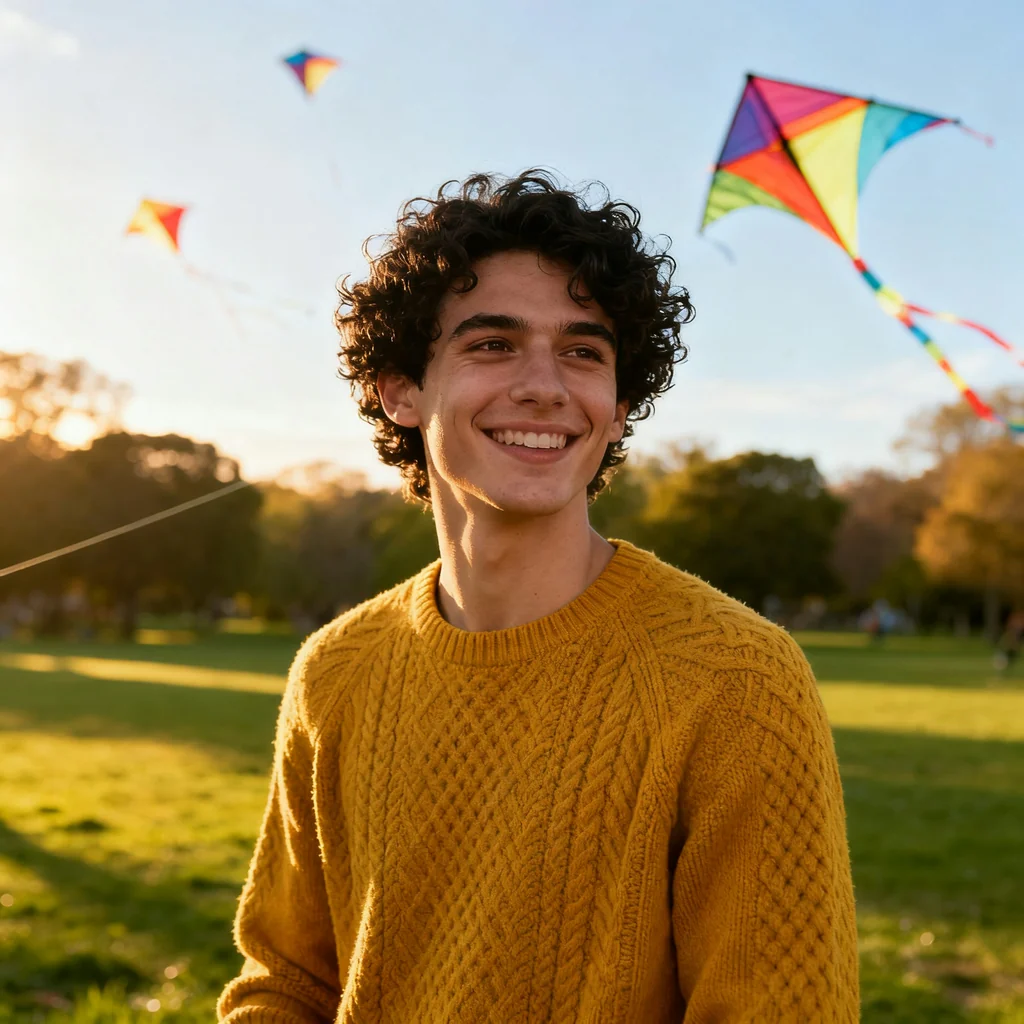 Smiling young man with dark curly hair in a mustard cable-knit sweater, in a park with kites in the sky