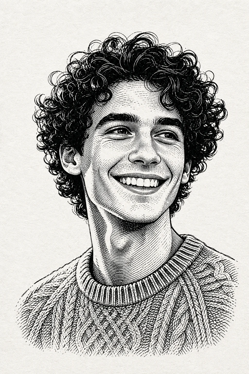 The same man as a black ink woodcut engraving, with the curls and the knit of his sweater drawn in fine hatching
