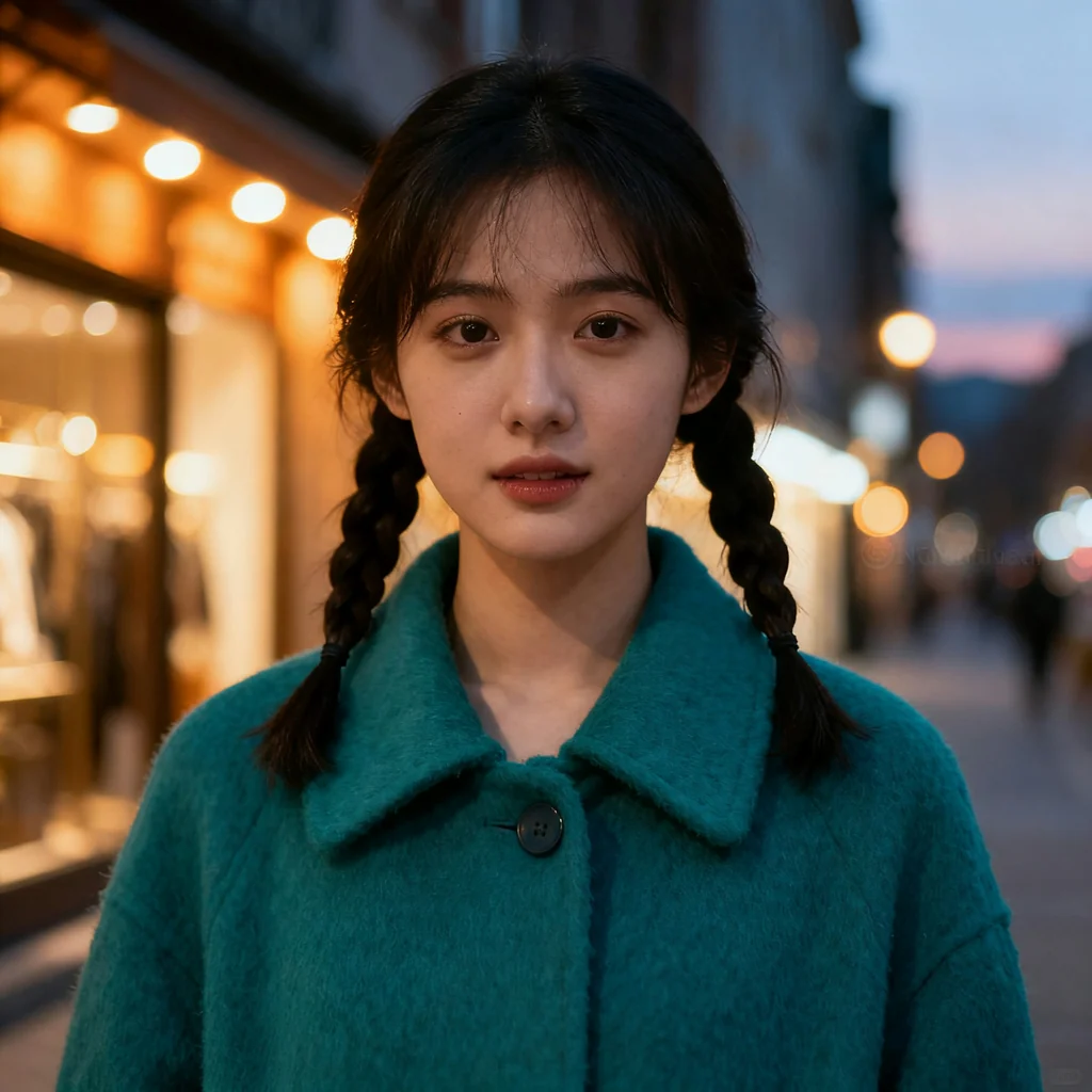 Young woman with two long braids in a teal wool coat, on a city street at dusk with shop lights behind her