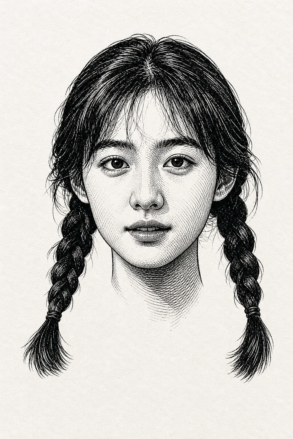 The same woman as a black ink woodcut engraving, with her braids and face drawn in fine hatching on pale paper