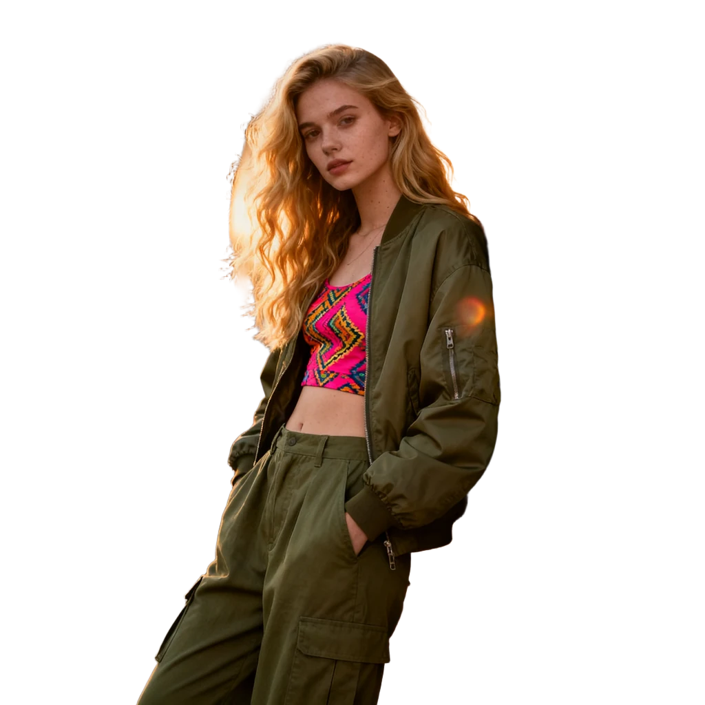 The same young woman cut out on a transparent background, with the wavy strands of her honey-blonde hair preserved