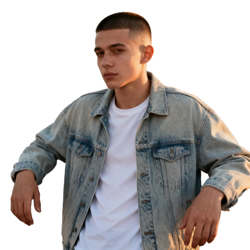The young man cut out on a transparent background, with the denim jacket and his hands kept and the skyline and railing removed