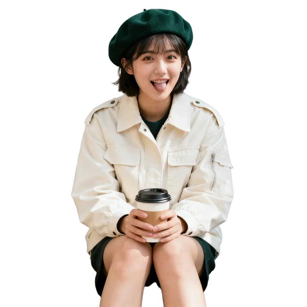 The young woman cut out on a transparent background, with the beret, the coffee cup and her hands kept and the stone steps removed