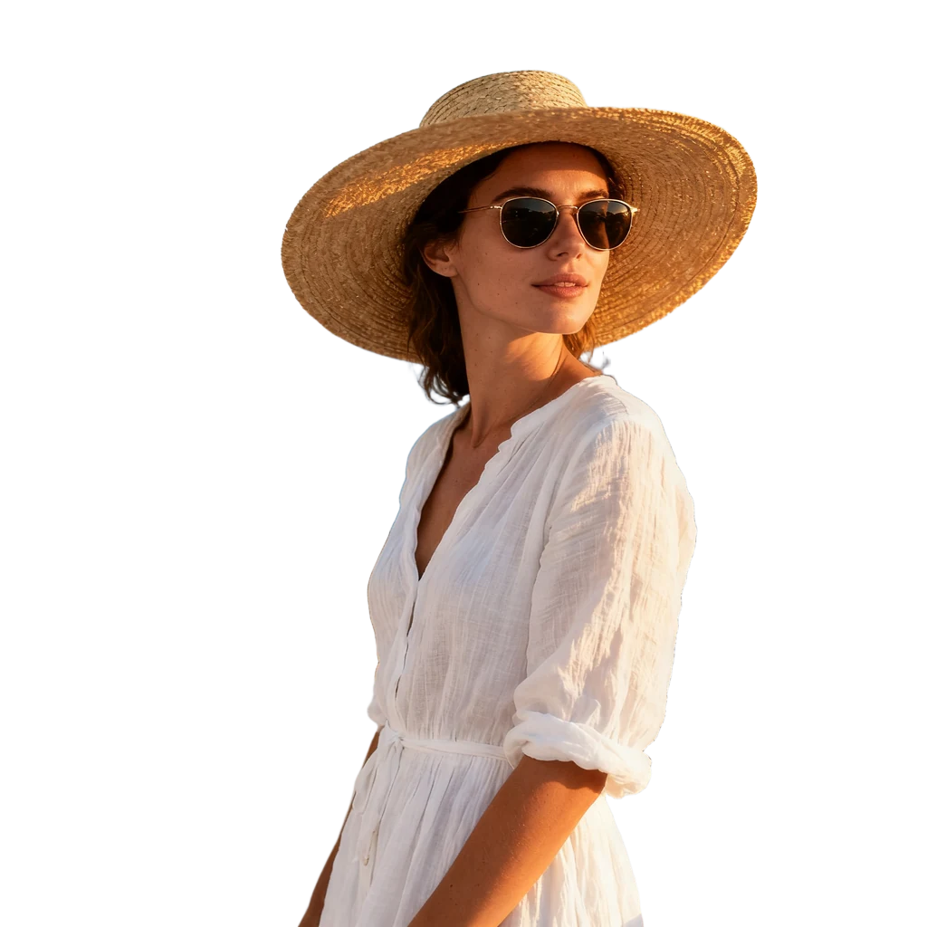 The woman cut out on a transparent background, with the brim of the straw hat and the sunglasses cleanly outlined