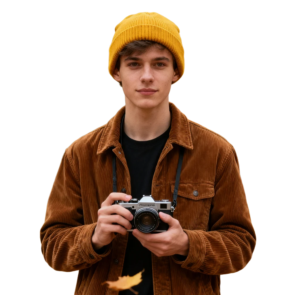 The young man and his camera cut out on a transparent background, with the beanie and the camera strap intact and the falling leaves removed